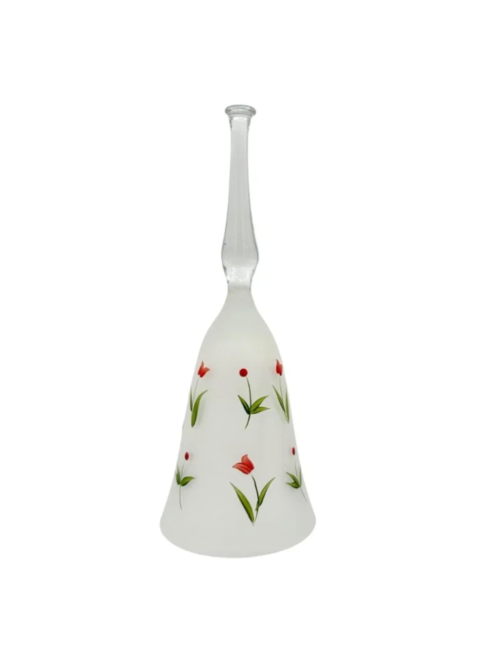 Hand Painted Frosted Glass Bell Red Tulips Green Leaves Made in Hungary 8.5